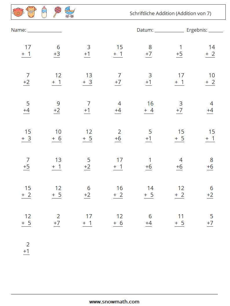 (50) Schriftliche Addition (Addition von 7) Mathe-Arbeitsblätter 10