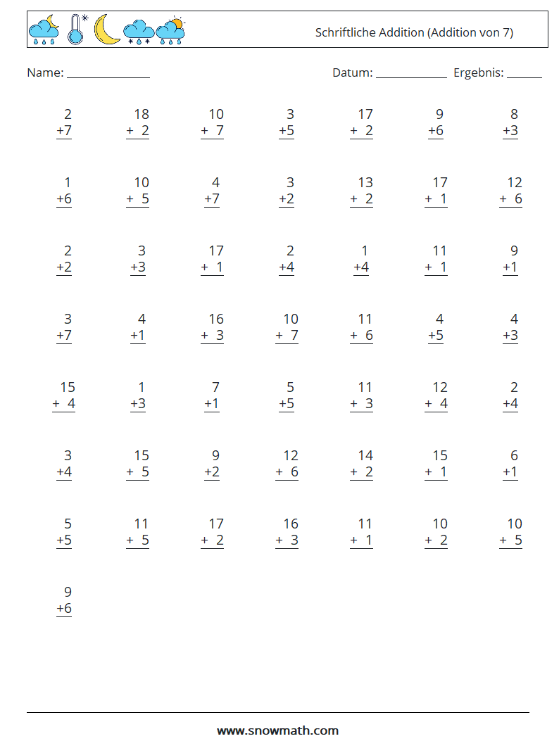 (50) Schriftliche Addition (Addition von 7) Mathe-Arbeitsblätter 11