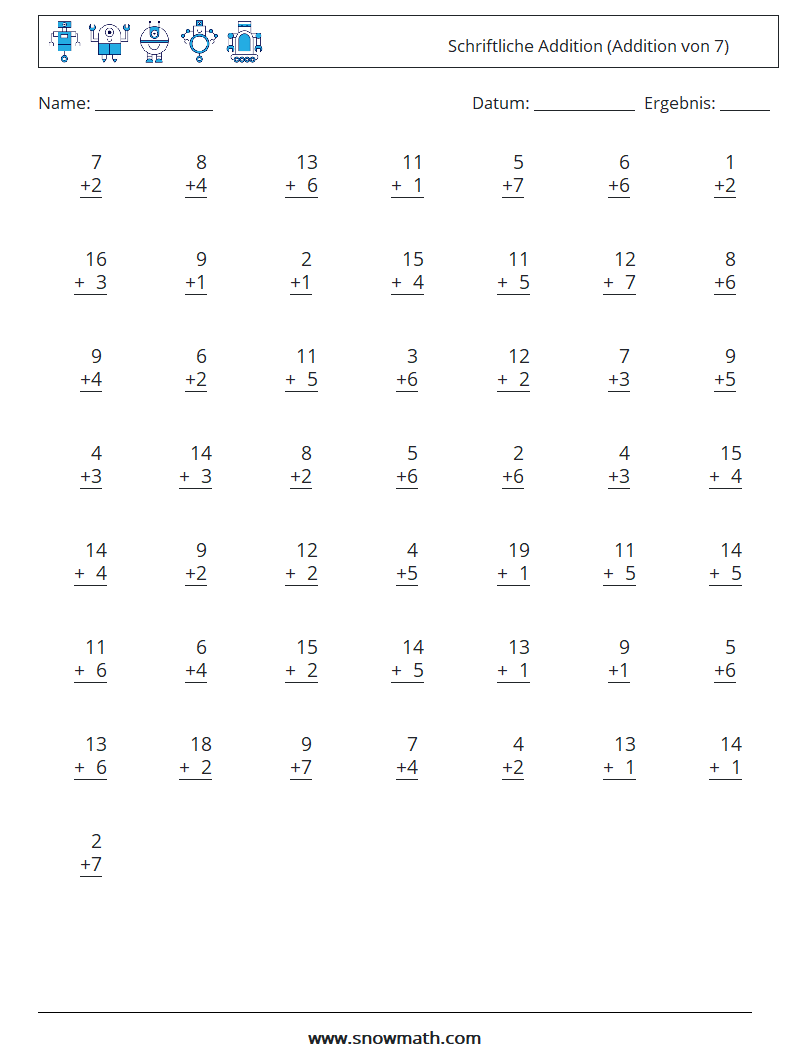 (50) Schriftliche Addition (Addition von 7) Mathe-Arbeitsblätter 12