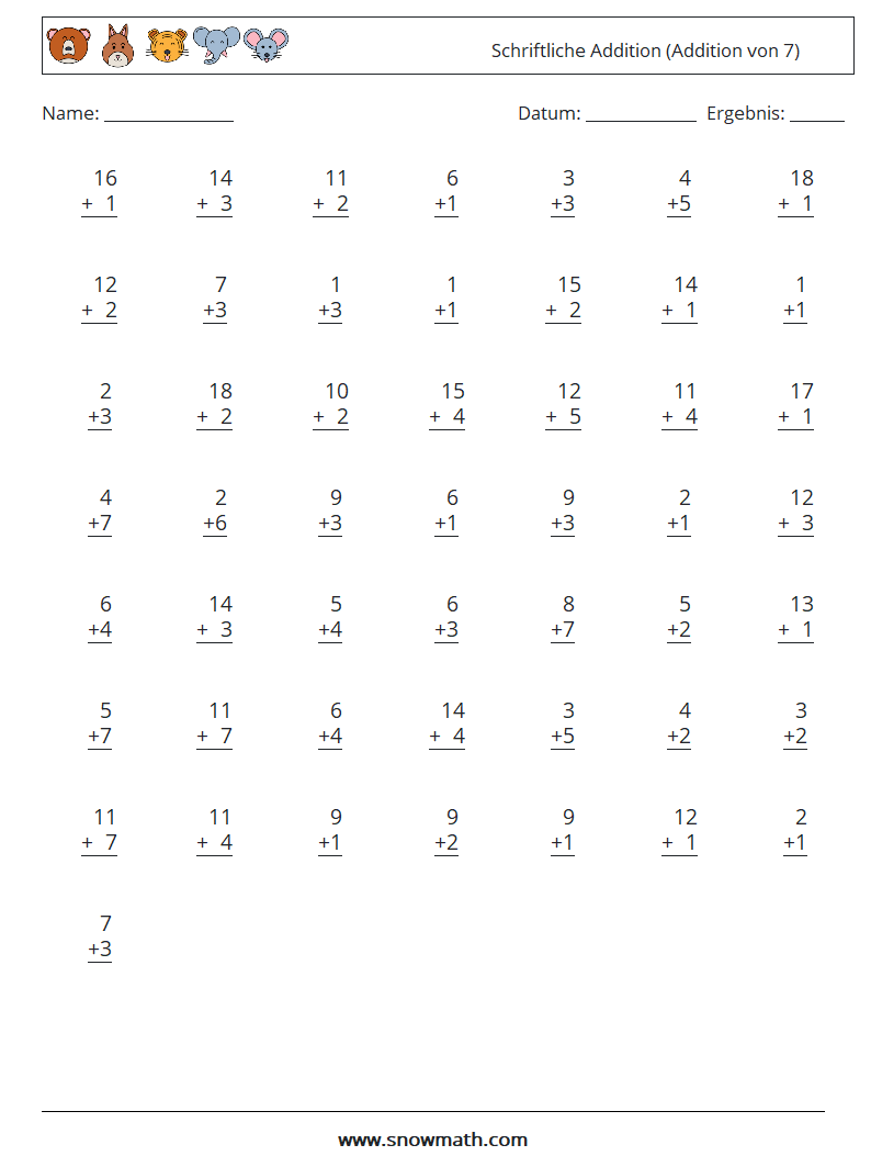 (50) Schriftliche Addition (Addition von 7) Mathe-Arbeitsblätter 14