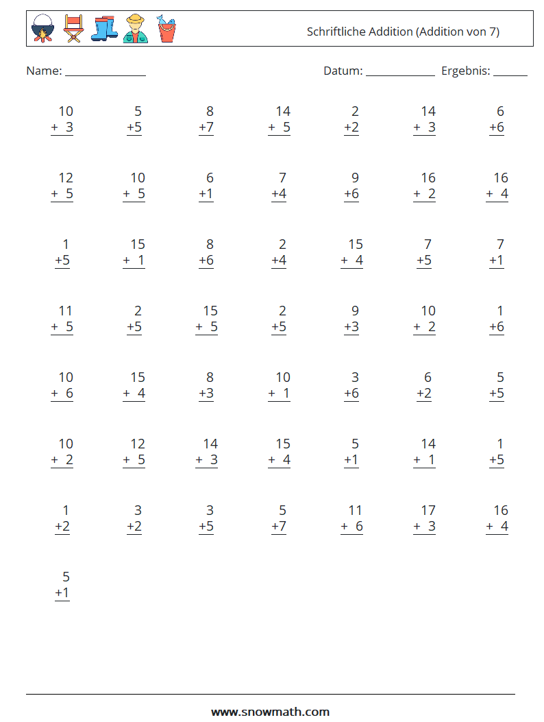 (50) Schriftliche Addition (Addition von 7) Mathe-Arbeitsblätter 15