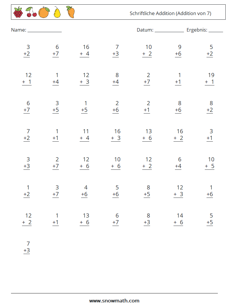 (50) Schriftliche Addition (Addition von 7) Mathe-Arbeitsblätter 18