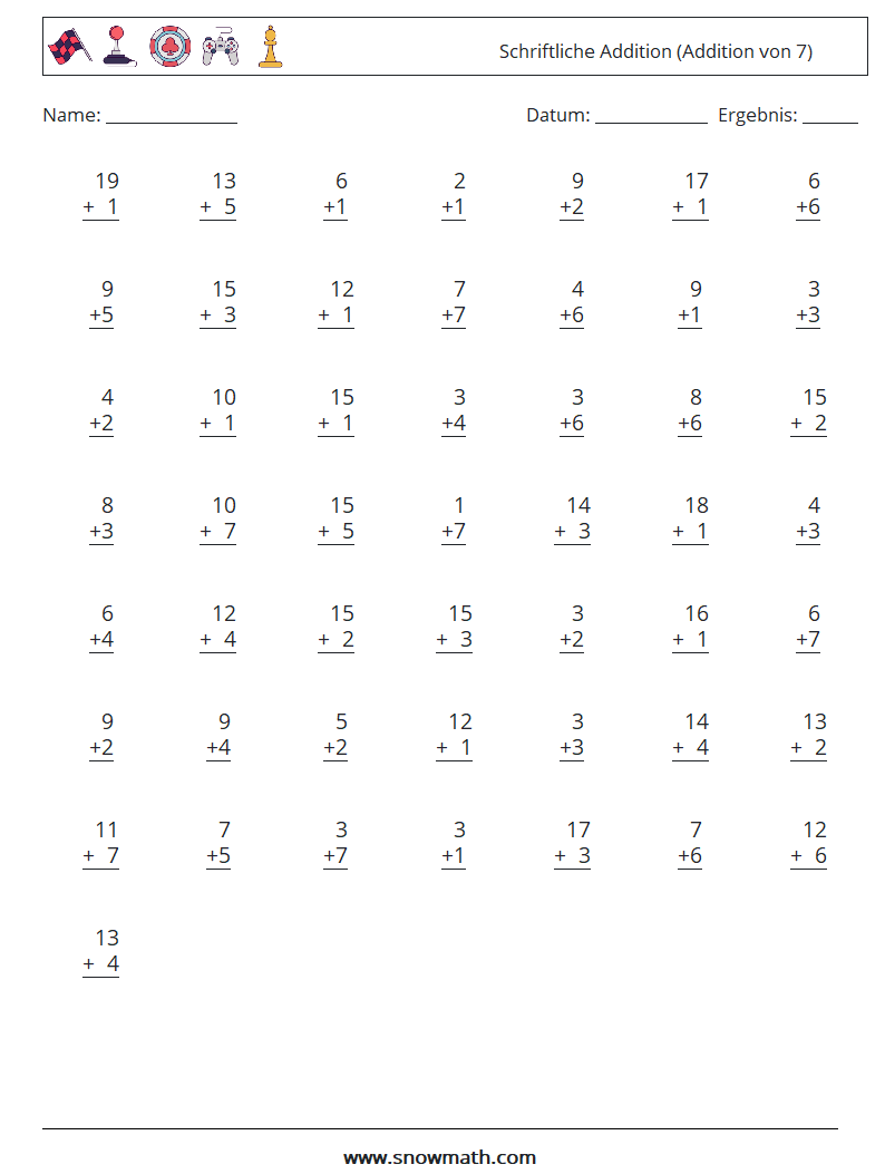 (50) Schriftliche Addition (Addition von 7) Mathe-Arbeitsblätter 2