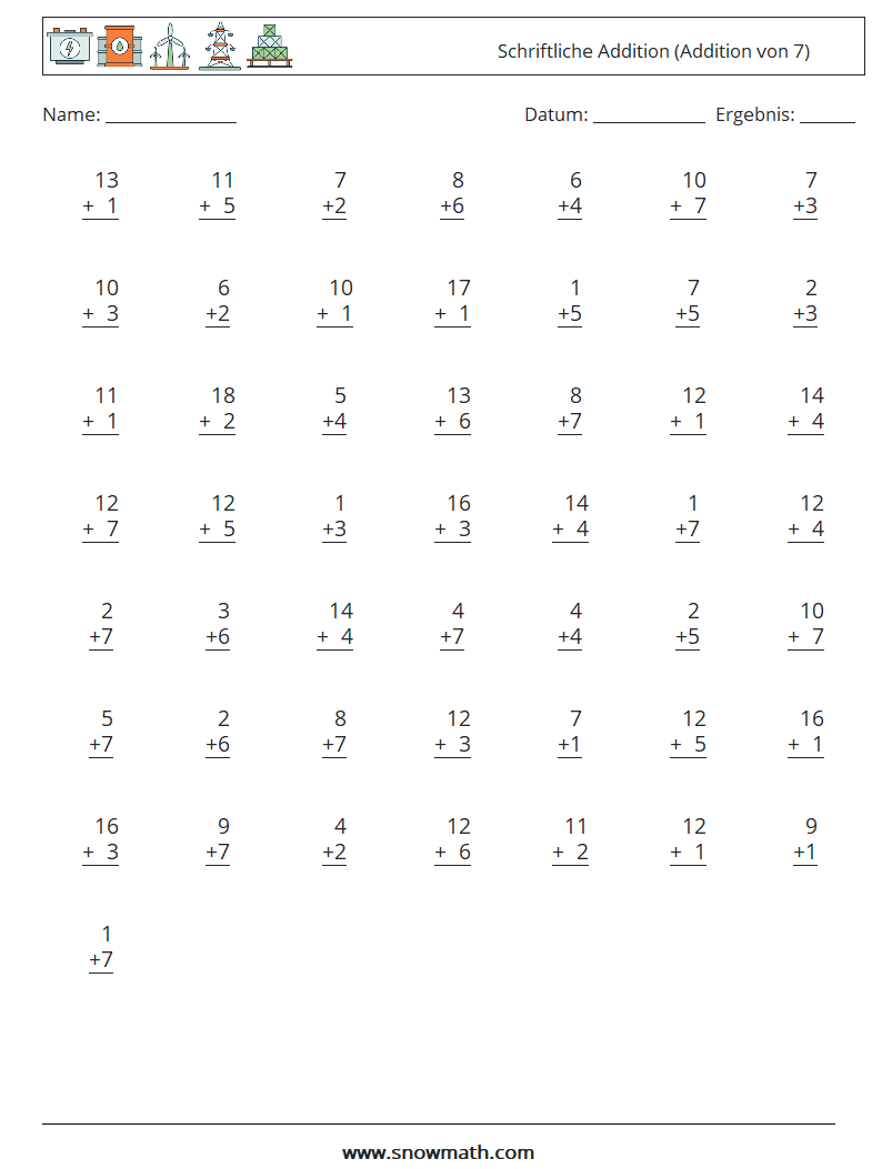 (50) Schriftliche Addition (Addition von 7) Mathe-Arbeitsblätter 4
