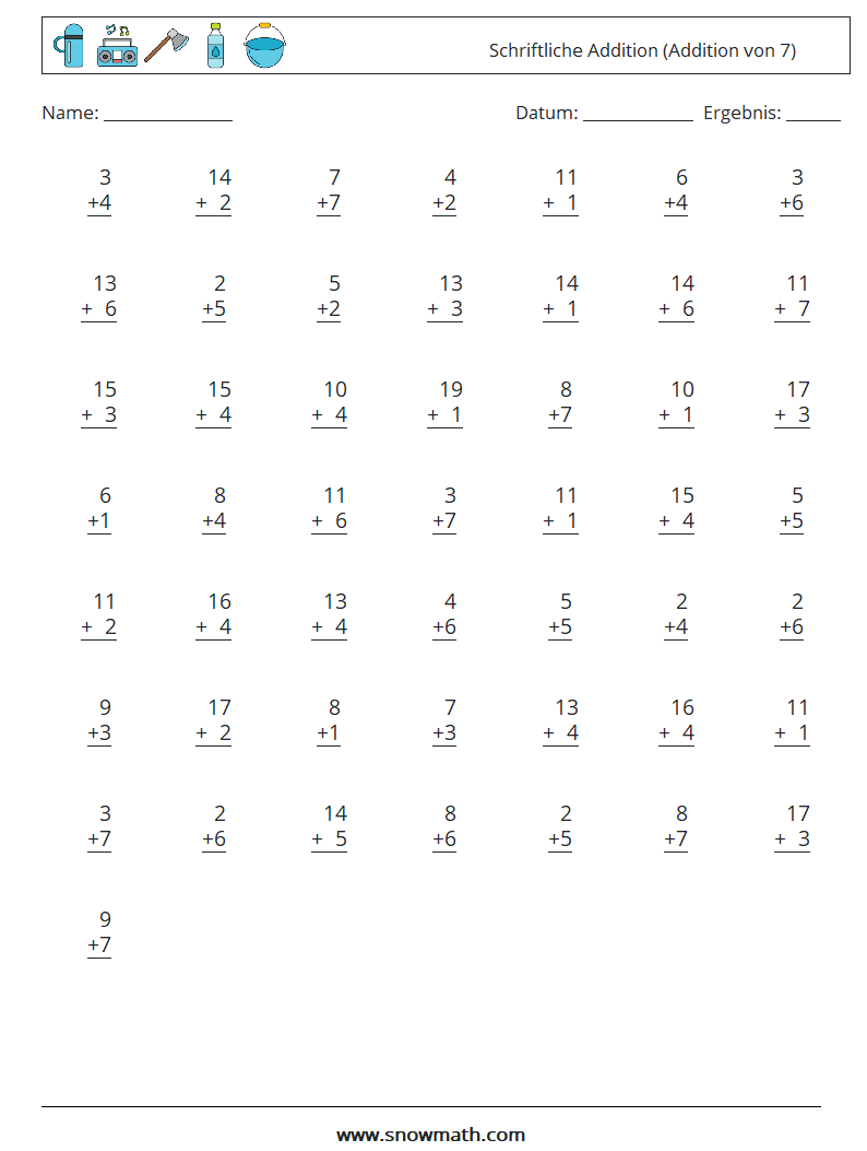 (50) Schriftliche Addition (Addition von 7) Mathe-Arbeitsblätter 7