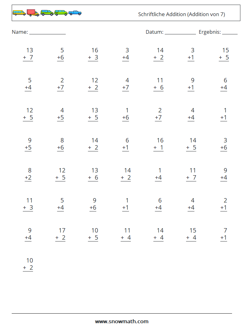 (50) Schriftliche Addition (Addition von 7) Mathe-Arbeitsblätter 8