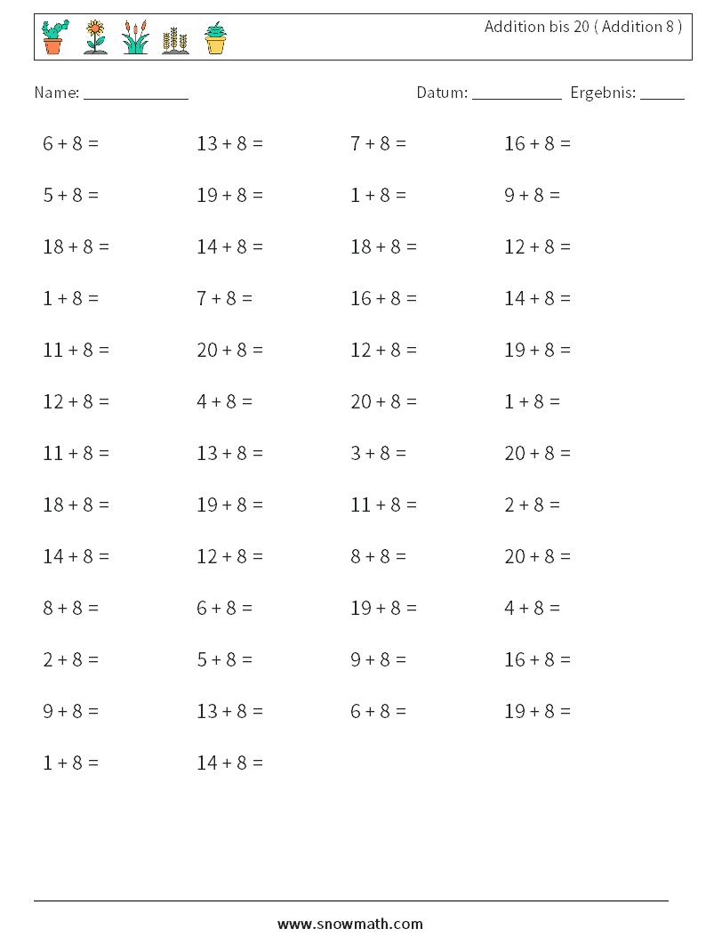 (50) Addition bis 20 ( Addition 8 ) Mathe-Arbeitsblätter 8