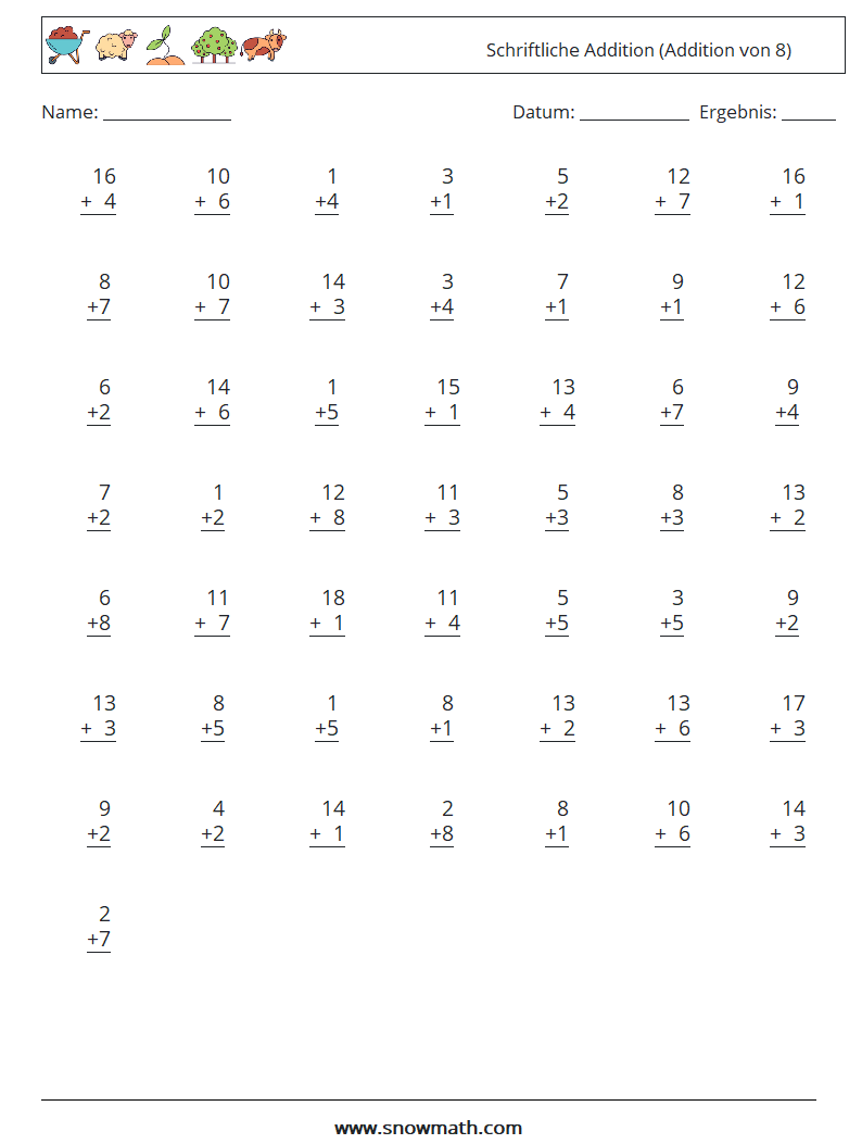 (50) Schriftliche Addition (Addition von 8) Mathe-Arbeitsblätter 10