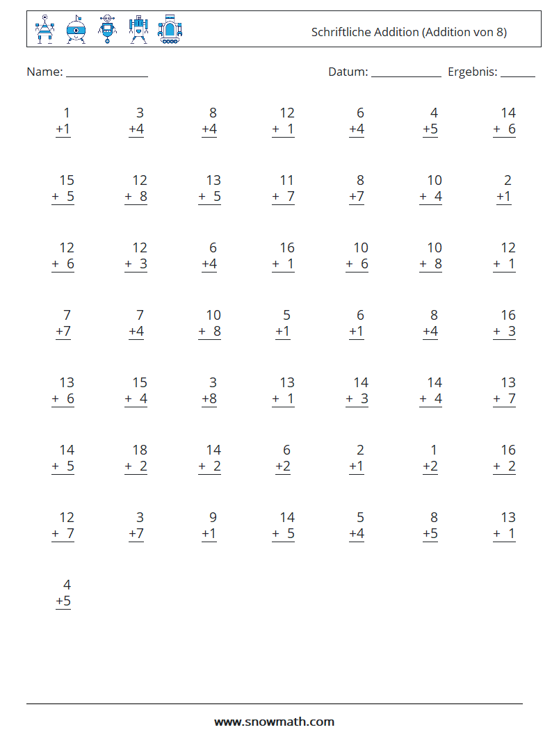 (50) Schriftliche Addition (Addition von 8) Mathe-Arbeitsblätter 11