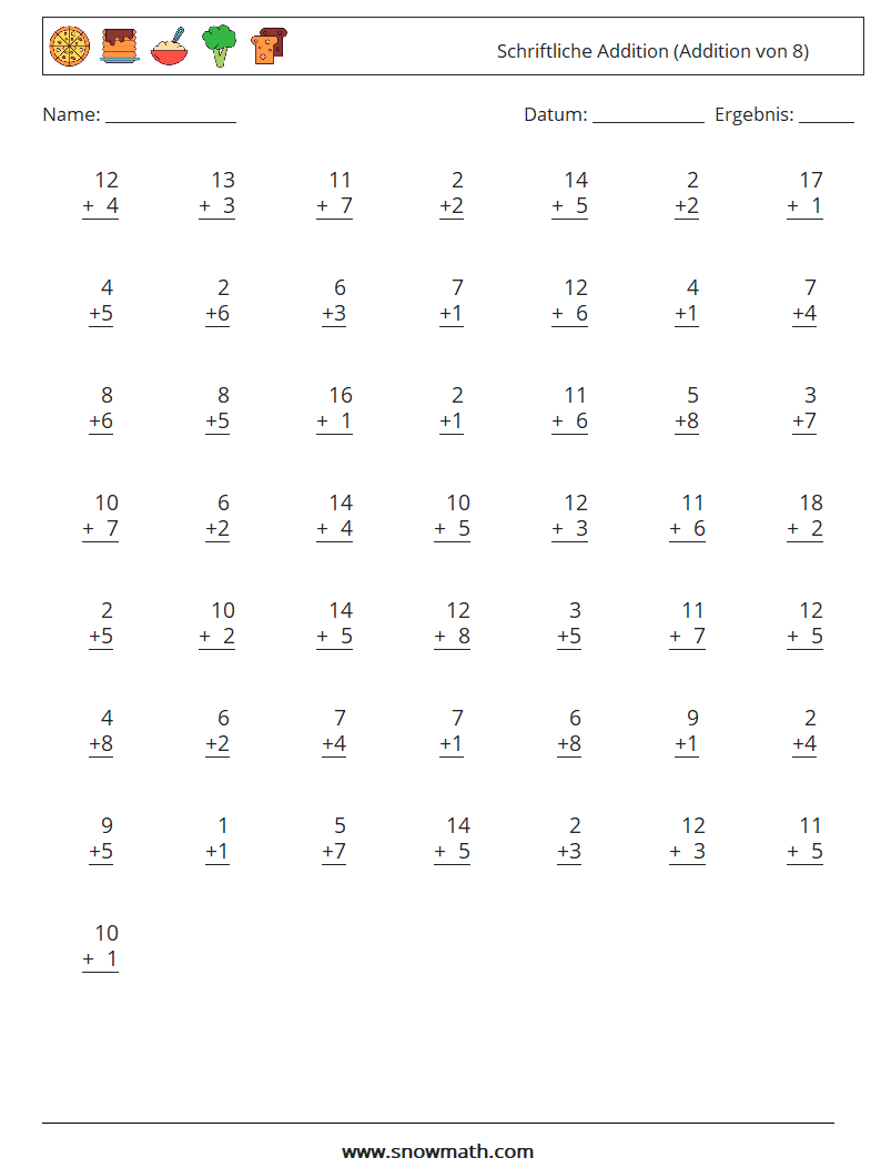 (50) Schriftliche Addition (Addition von 8) Mathe-Arbeitsblätter 13