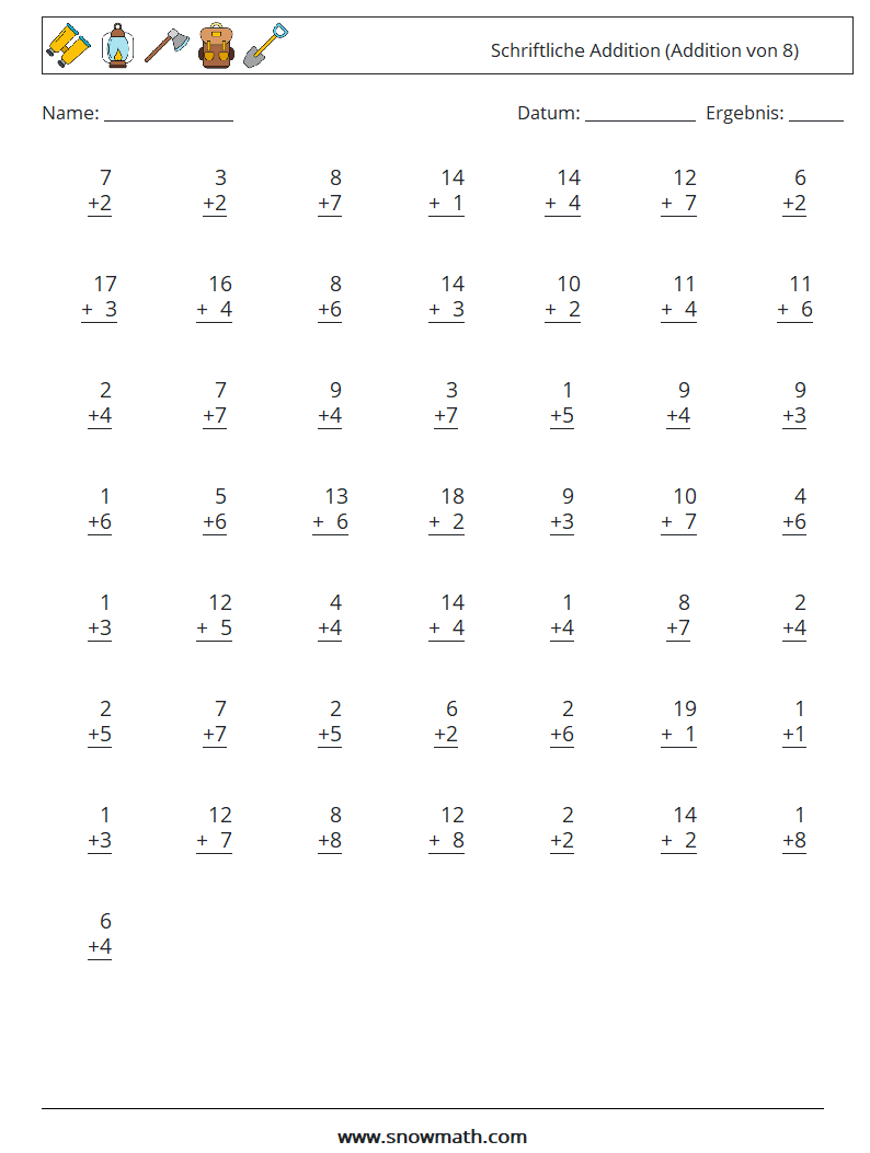 (50) Schriftliche Addition (Addition von 8) Mathe-Arbeitsblätter 14