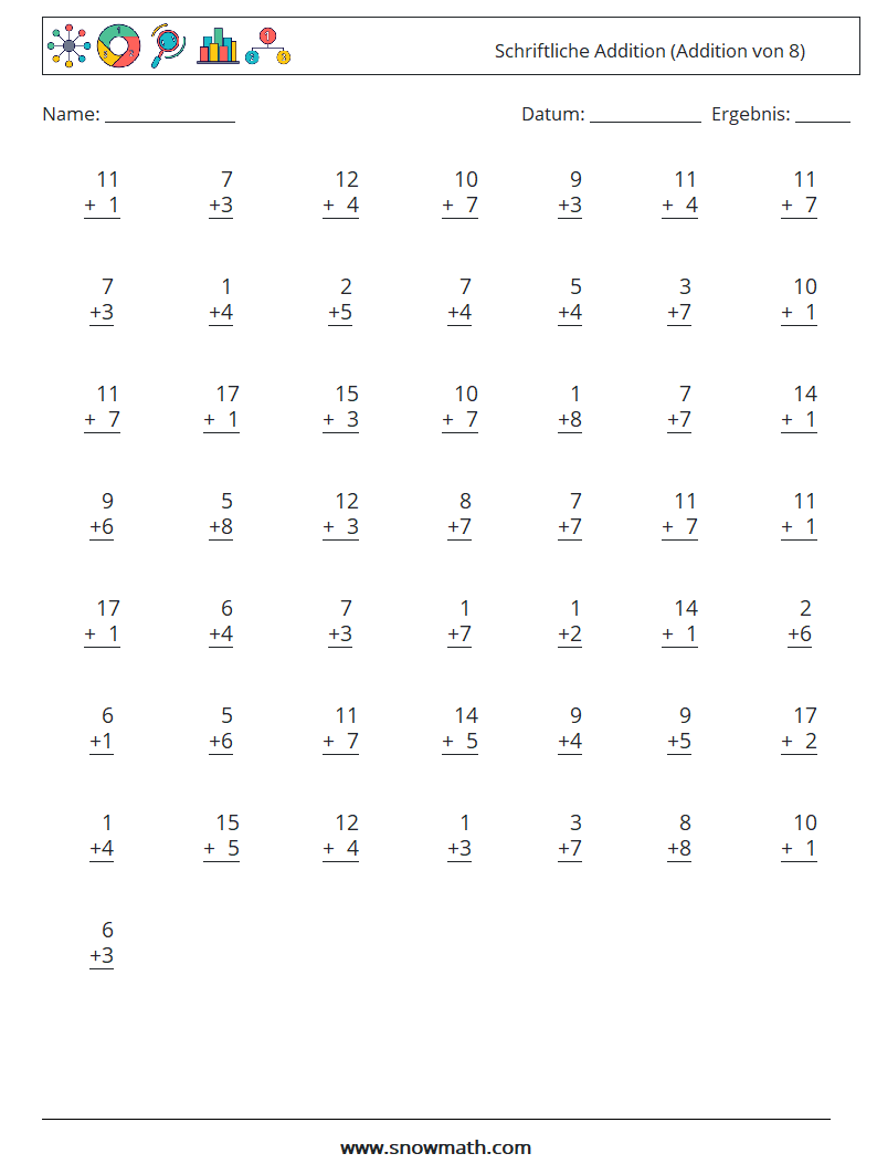 (50) Schriftliche Addition (Addition von 8) Mathe-Arbeitsblätter 15