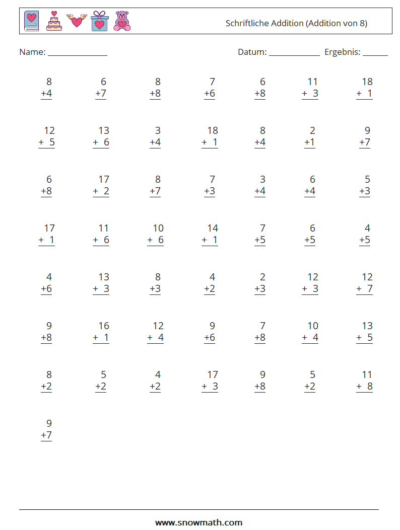 (50) Schriftliche Addition (Addition von 8) Mathe-Arbeitsblätter 16