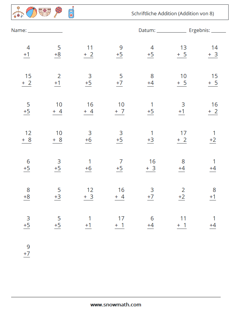 (50) Schriftliche Addition (Addition von 8) Mathe-Arbeitsblätter 17