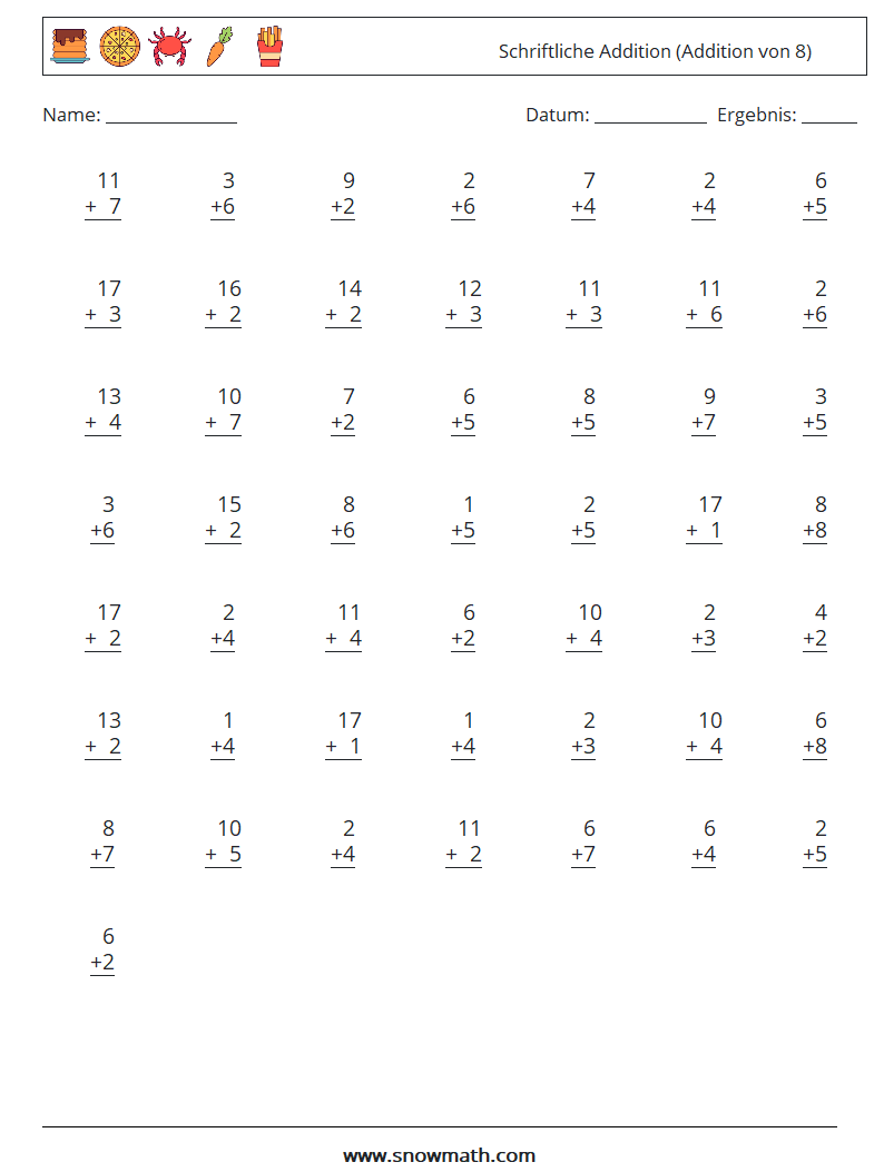 (50) Schriftliche Addition (Addition von 8) Mathe-Arbeitsblätter 18