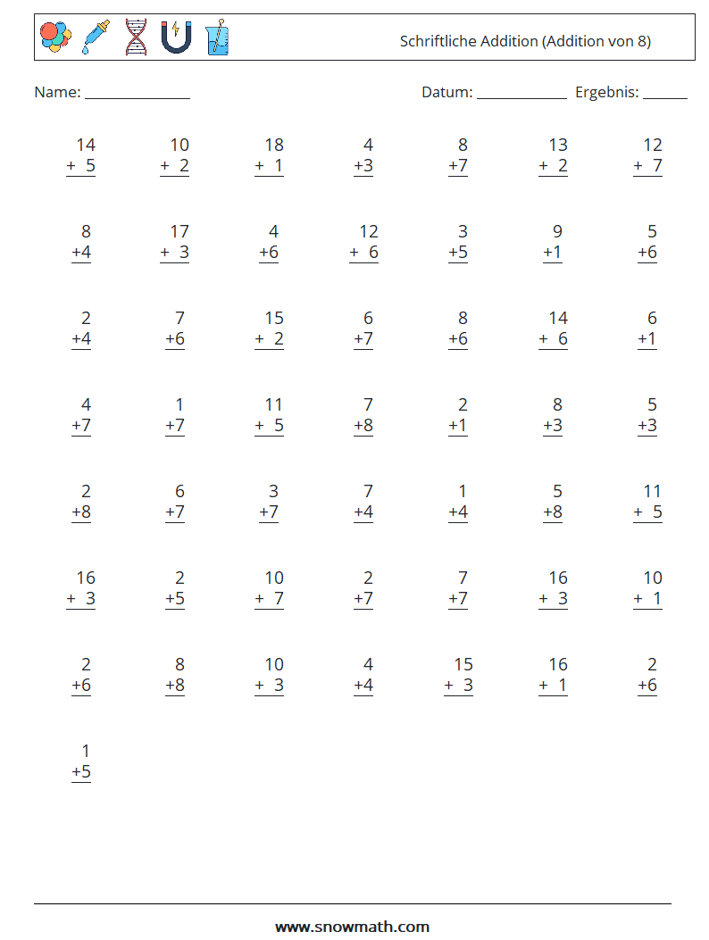 (50) Schriftliche Addition (Addition von 8) Mathe-Arbeitsblätter 2