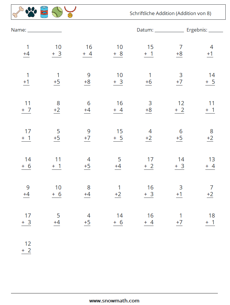 (50) Schriftliche Addition (Addition von 8) Mathe-Arbeitsblätter 5