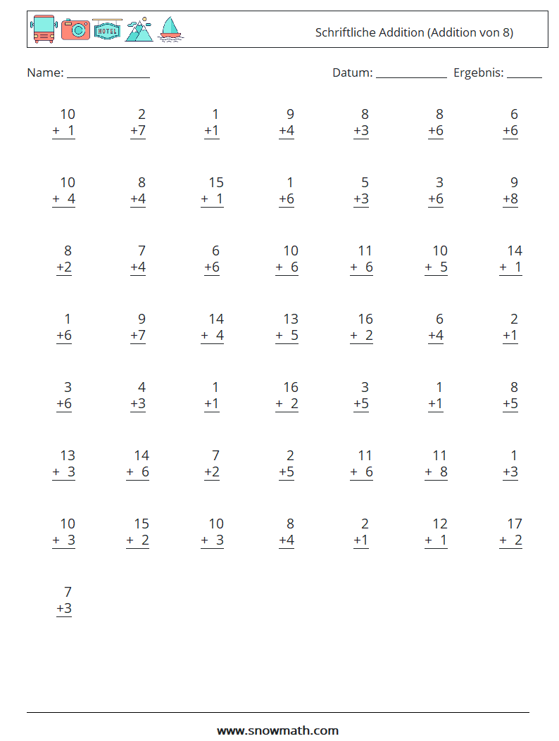 (50) Schriftliche Addition (Addition von 8) Mathe-Arbeitsblätter 6