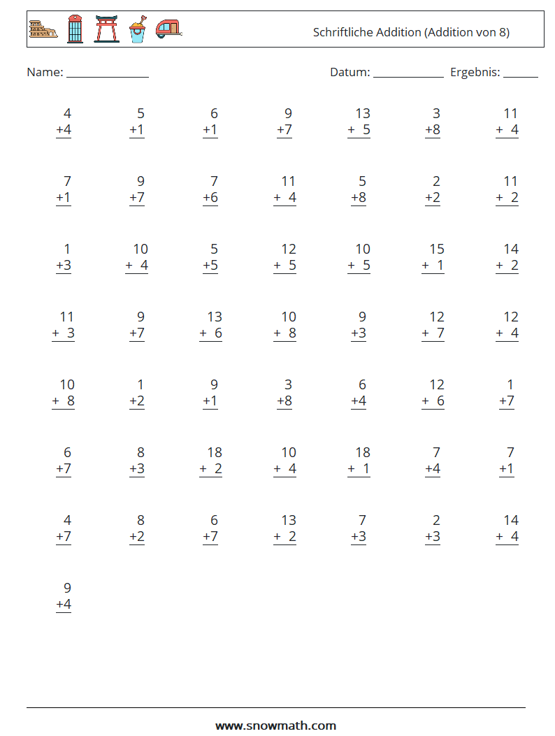(50) Schriftliche Addition (Addition von 8) Mathe-Arbeitsblätter 9