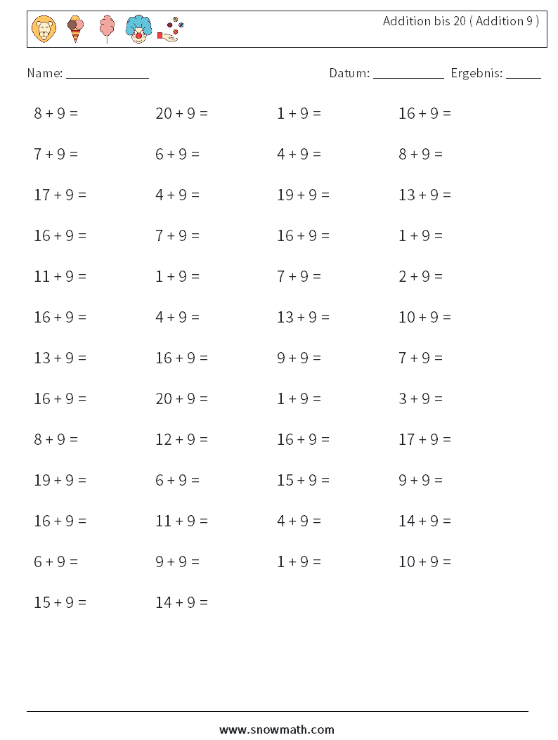 (50) Addition bis 20 ( Addition 9 ) Mathe-Arbeitsblätter 2