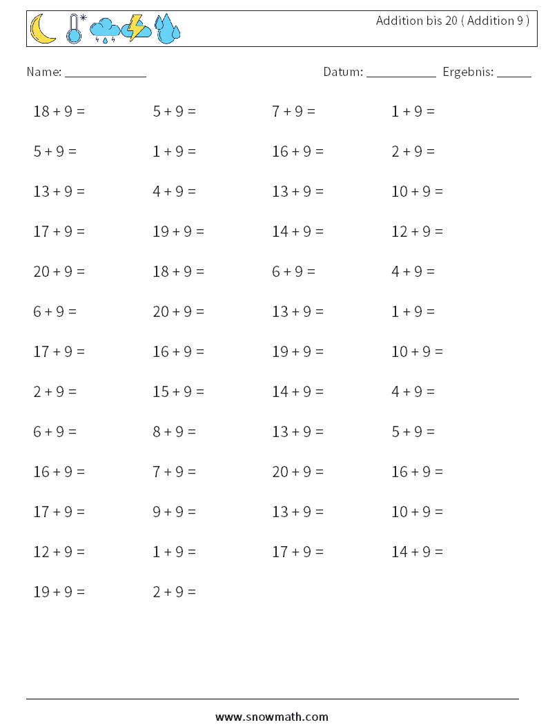 (50) Addition bis 20 ( Addition 9 ) Mathe-Arbeitsblätter 3