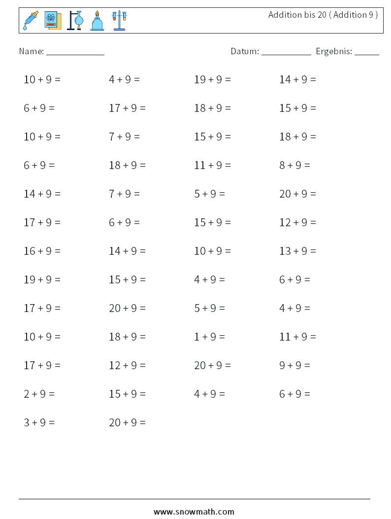 (50) Addition bis 20 ( Addition 9 ) Mathe-Arbeitsblätter 4