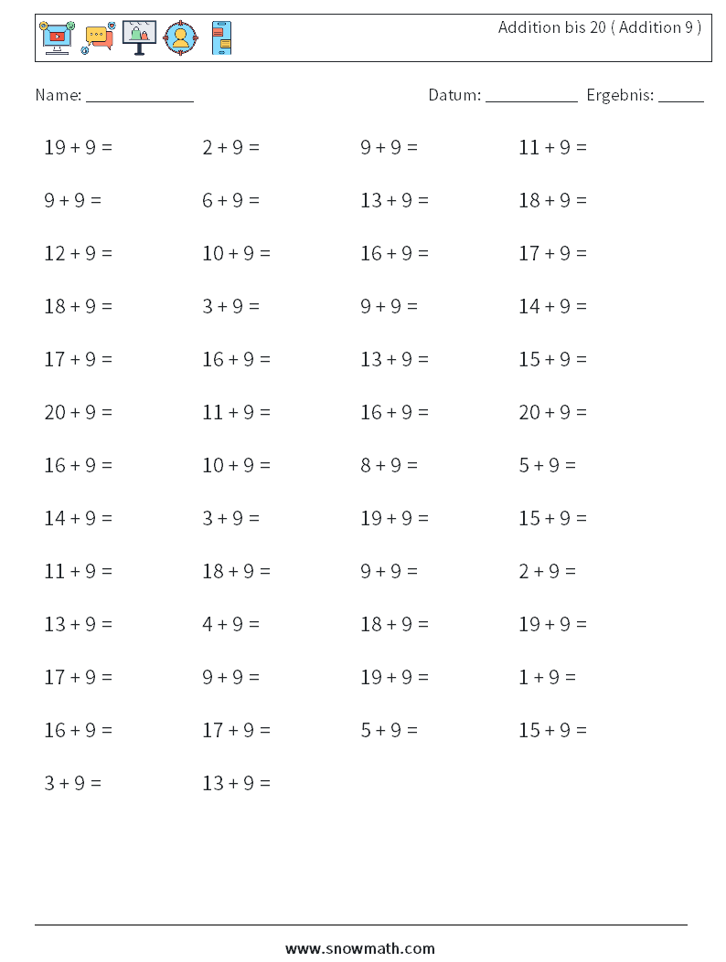 (50) Addition bis 20 ( Addition 9 ) Mathe-Arbeitsblätter 5