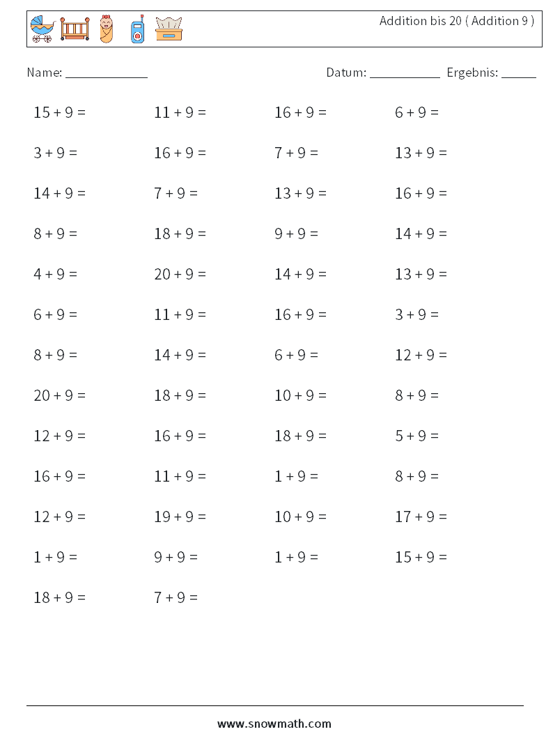 (50) Addition bis 20 ( Addition 9 ) Mathe-Arbeitsblätter 7
