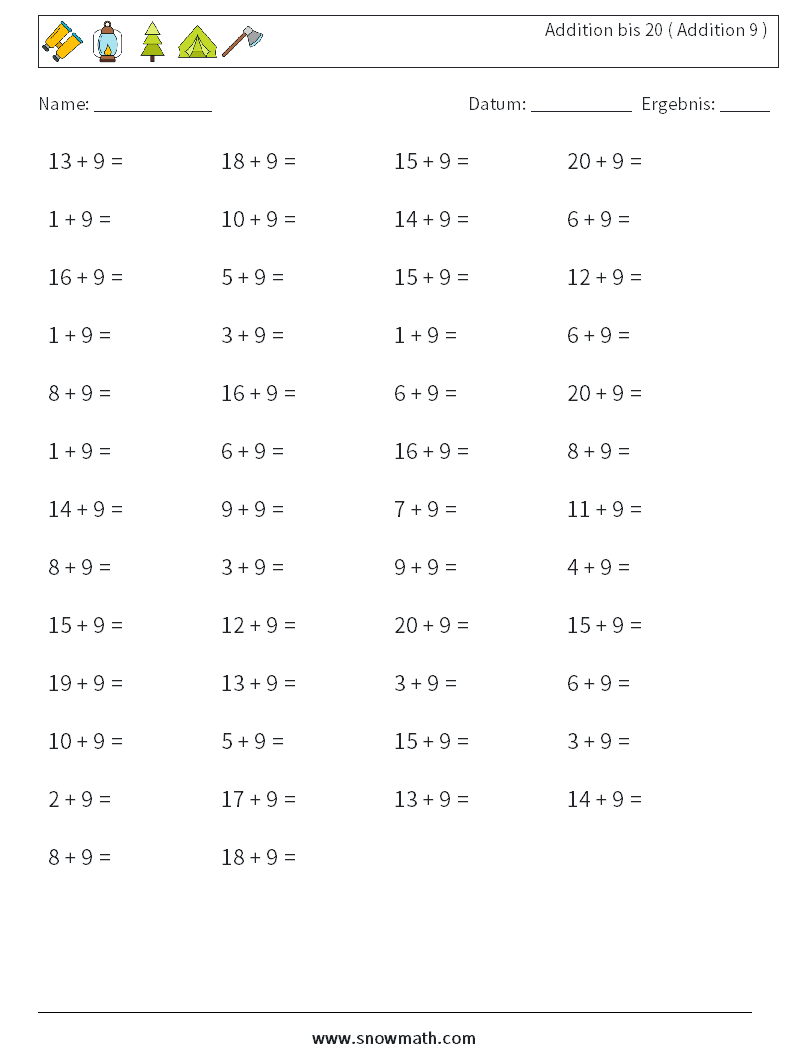 (50) Addition bis 20 ( Addition 9 ) Mathe-Arbeitsblätter 8