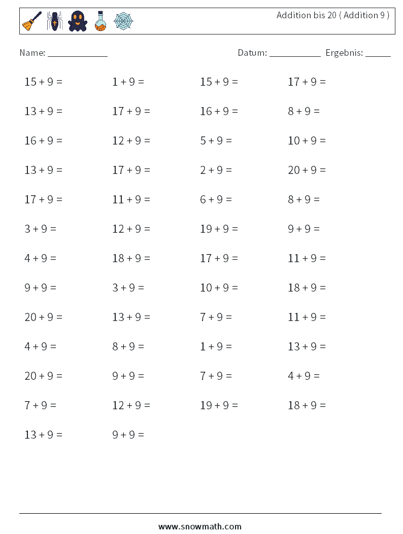 (50) Addition bis 20 ( Addition 9 ) Mathe-Arbeitsblätter 9