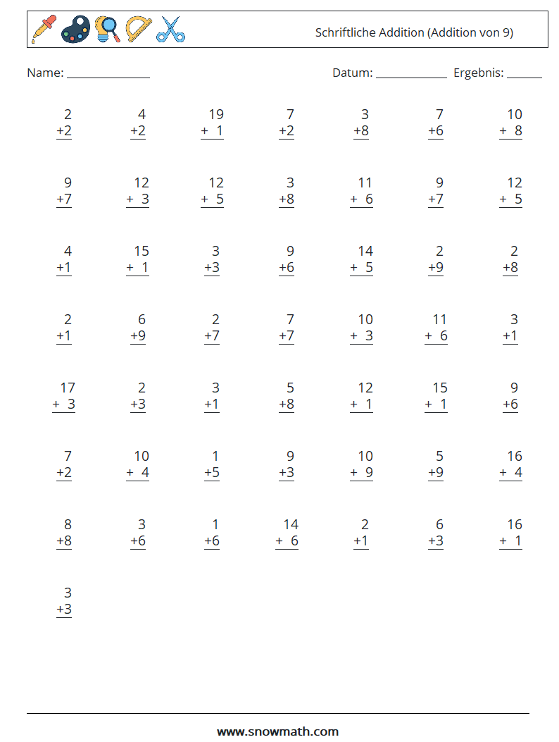 (50) Schriftliche Addition (Addition von 9) Mathe-Arbeitsblätter 10