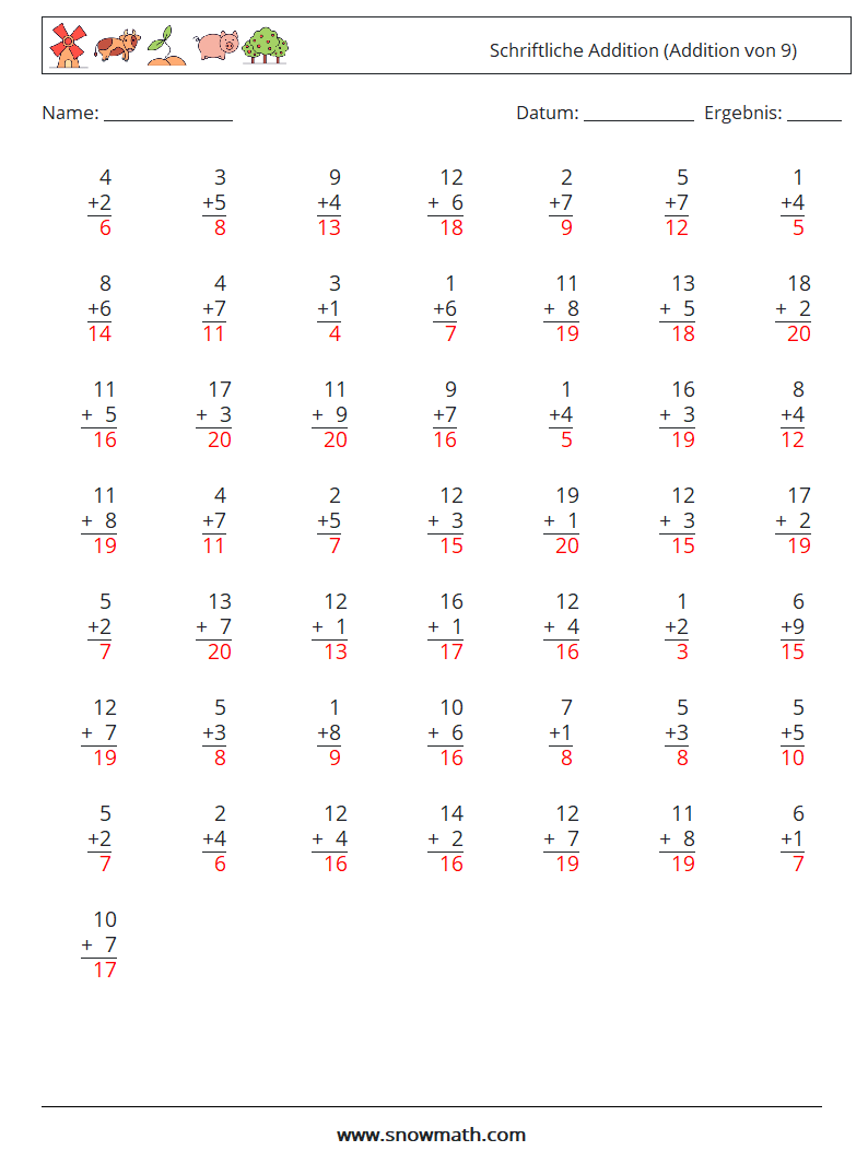 (50) Schriftliche Addition (Addition von 9) Mathe-Arbeitsblätter 11 Frage, Antwort