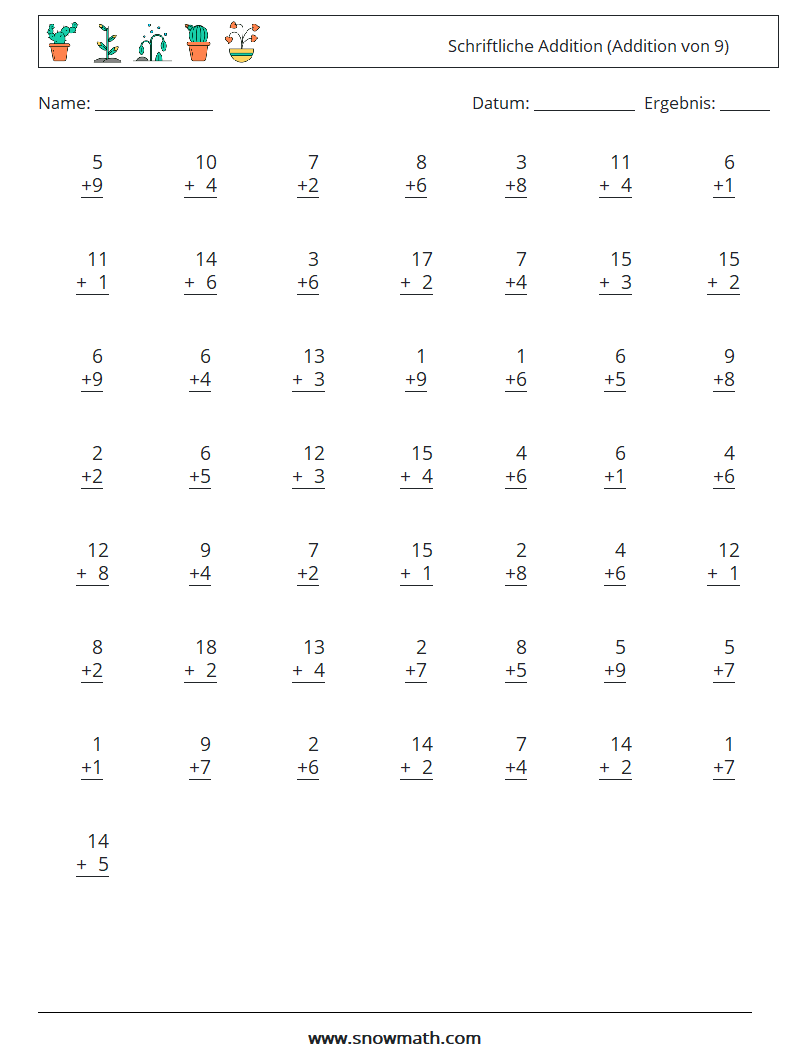 (50) Schriftliche Addition (Addition von 9) Mathe-Arbeitsblätter 12