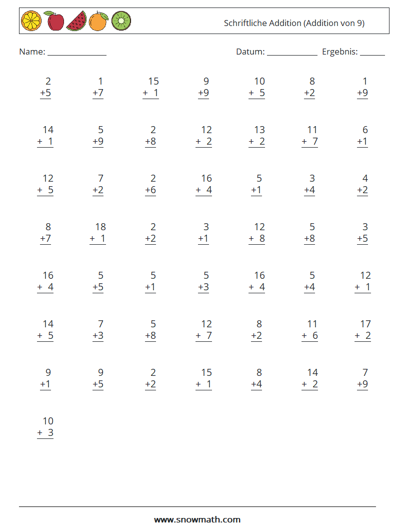 (50) Schriftliche Addition (Addition von 9) Mathe-Arbeitsblätter 15