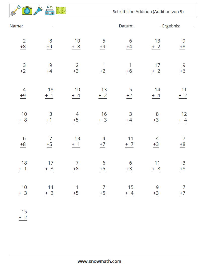 (50) Schriftliche Addition (Addition von 9) Mathe-Arbeitsblätter 18