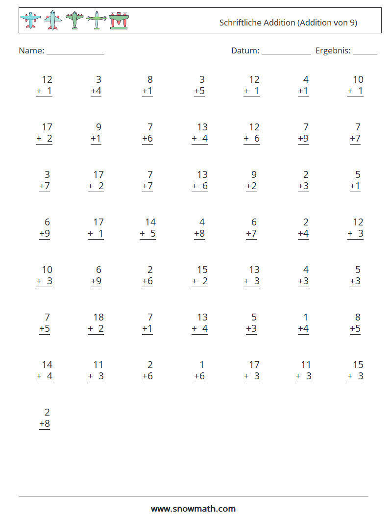 (50) Schriftliche Addition (Addition von 9) Mathe-Arbeitsblätter 2