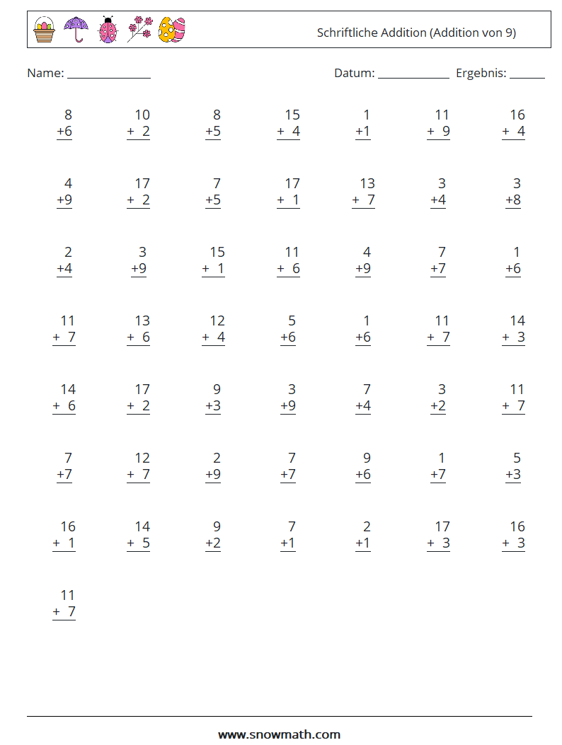(50) Schriftliche Addition (Addition von 9) Mathe-Arbeitsblätter 3