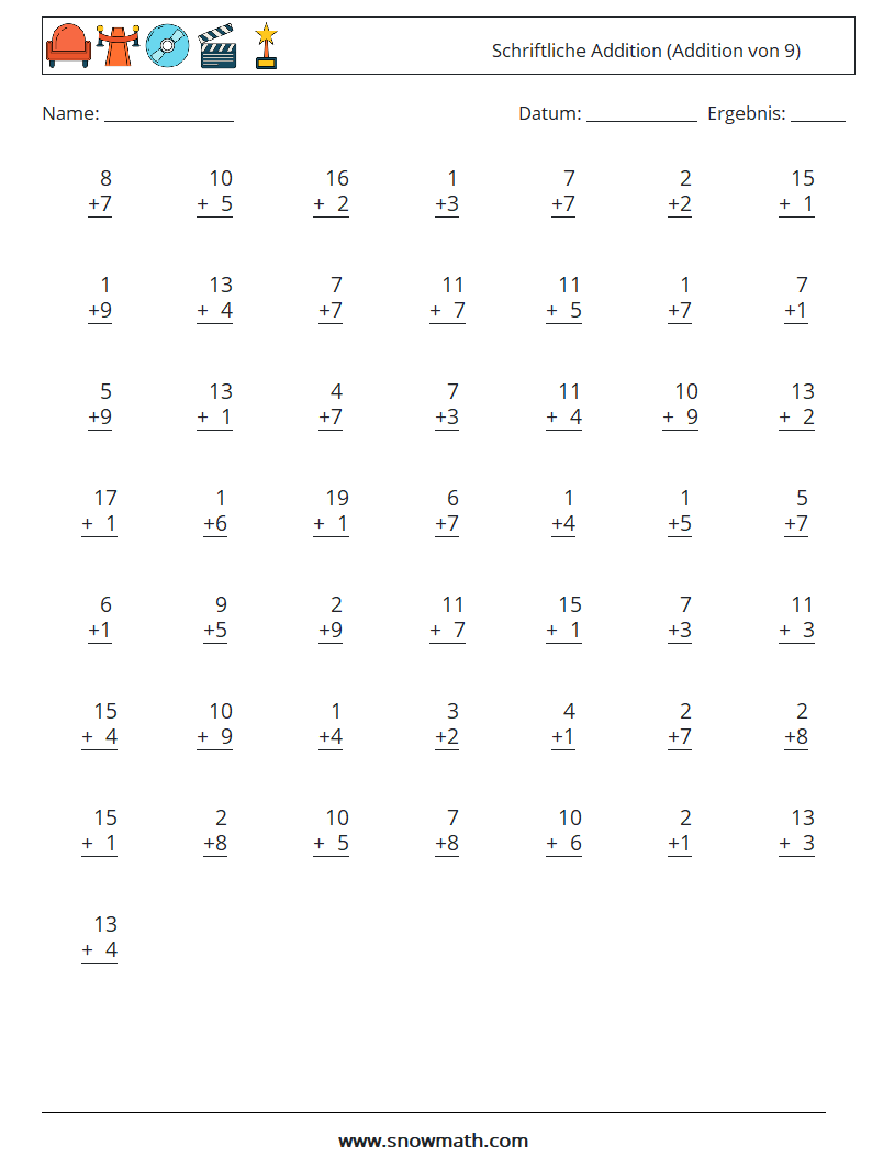 (50) Schriftliche Addition (Addition von 9) Mathe-Arbeitsblätter 5