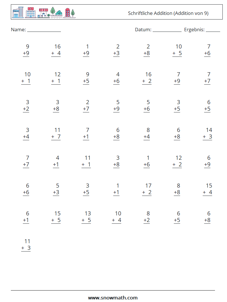 (50) Schriftliche Addition (Addition von 9) Mathe-Arbeitsblätter 8