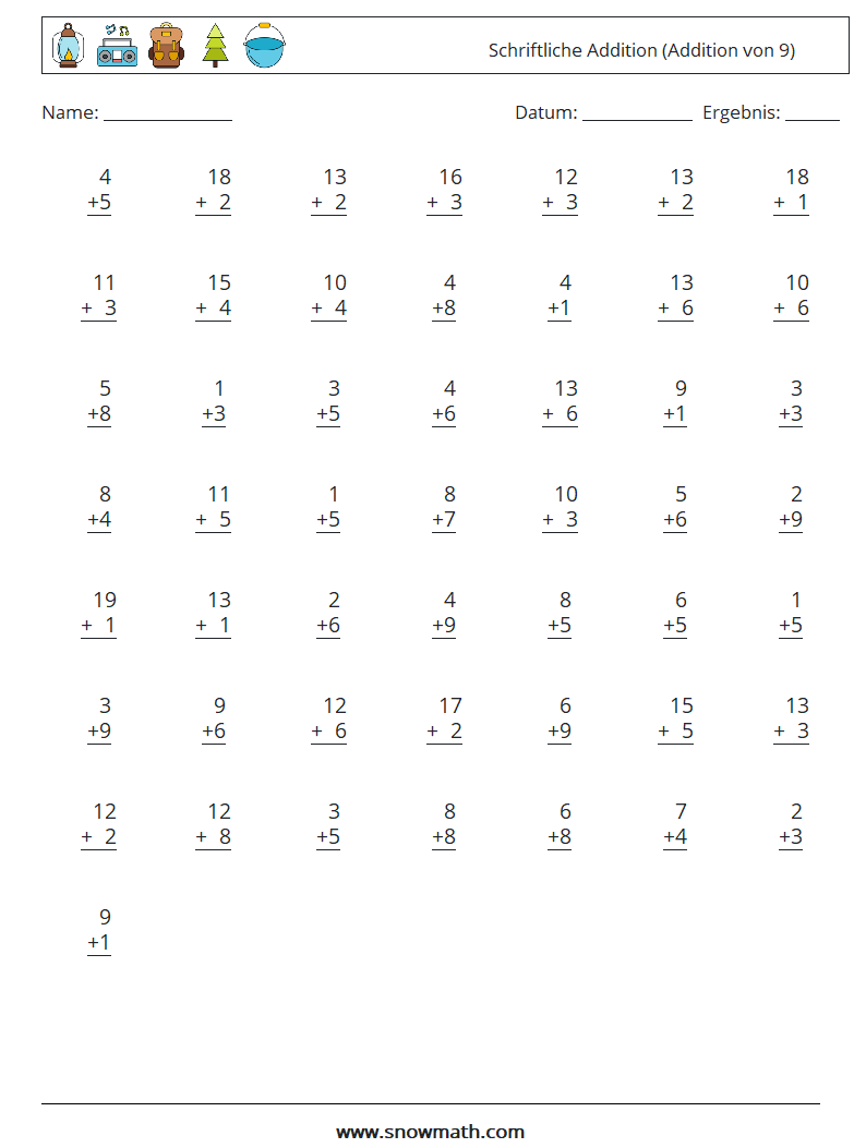 (50) Schriftliche Addition (Addition von 9) Mathe-Arbeitsblätter 9