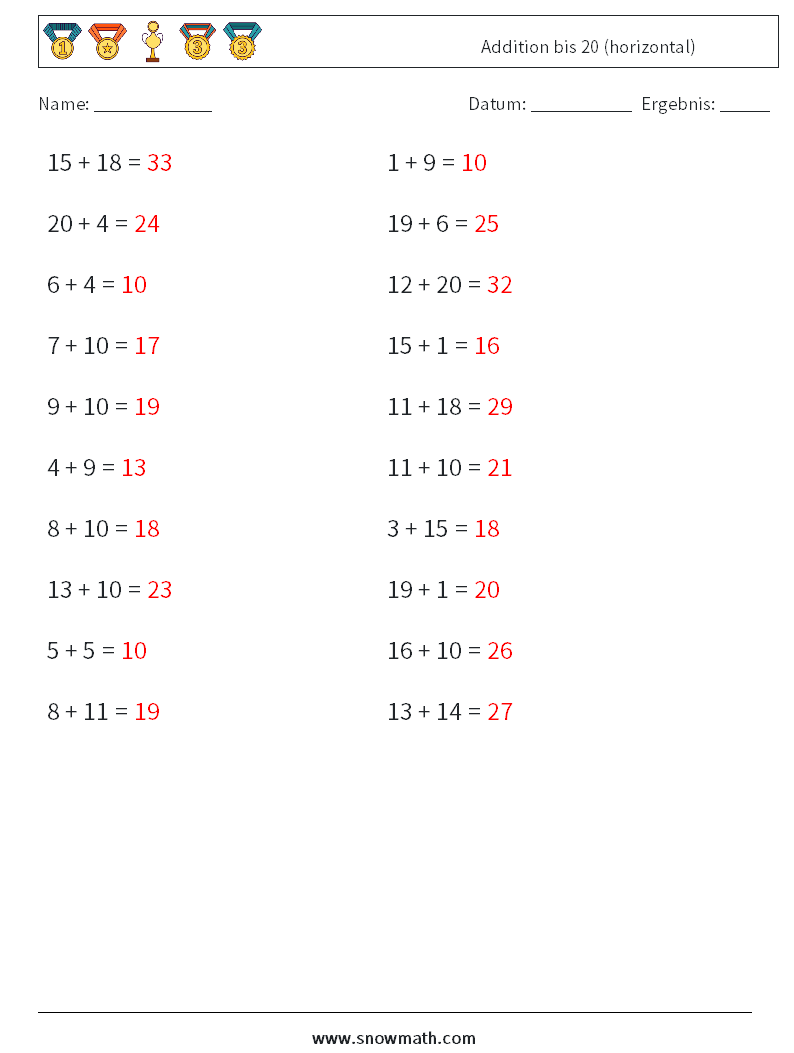 (20) Addition bis 20 (horizontal) Mathe-Arbeitsblätter 1 Frage, Antwort