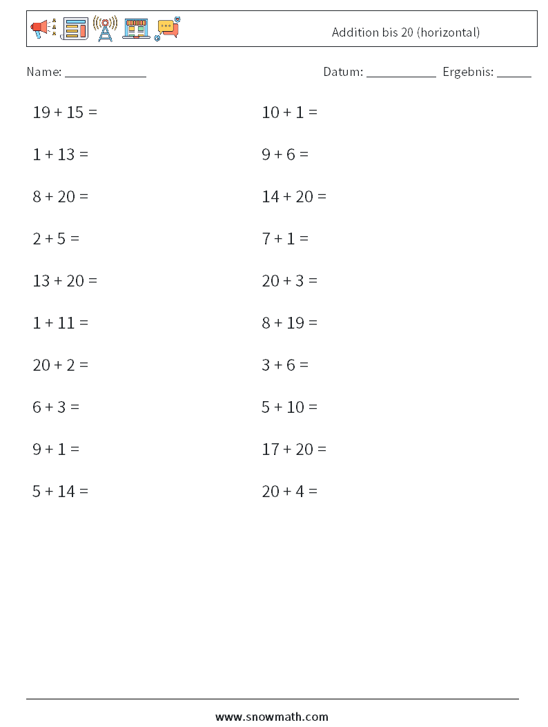 (20) Addition bis 20 (horizontal) Mathe-Arbeitsblätter 2