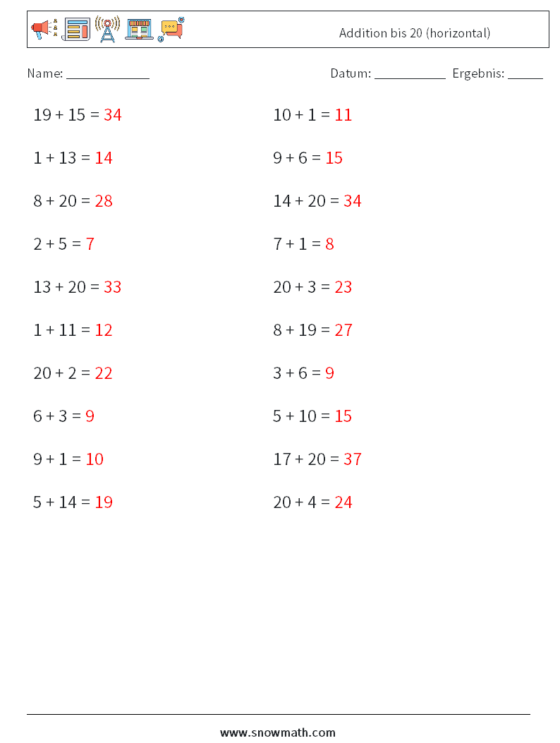 (20) Addition bis 20 (horizontal) Mathe-Arbeitsblätter 2 Frage, Antwort