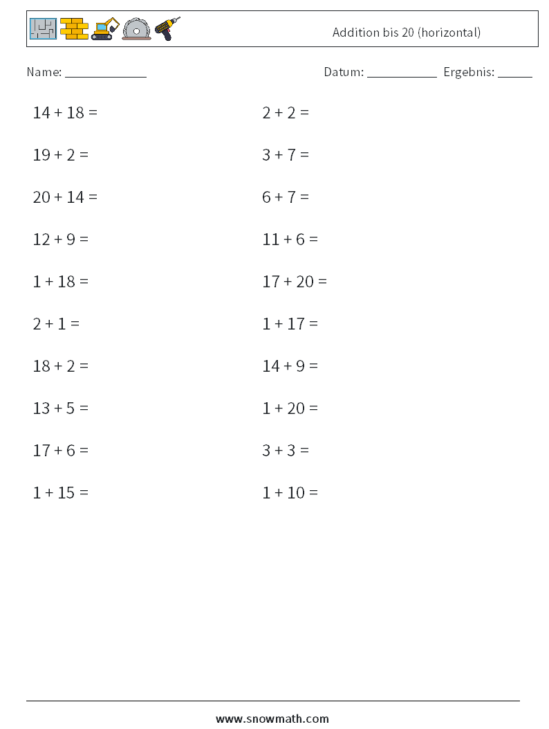 (20) Addition bis 20 (horizontal) Mathe-Arbeitsblätter 3