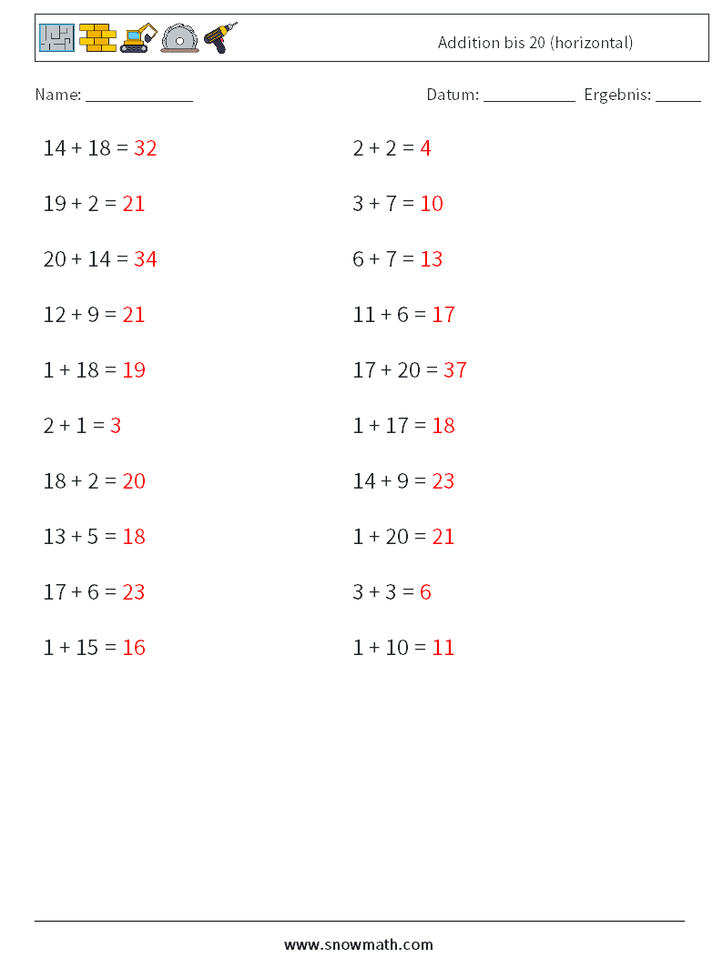 (20) Addition bis 20 (horizontal) Mathe-Arbeitsblätter 3 Frage, Antwort