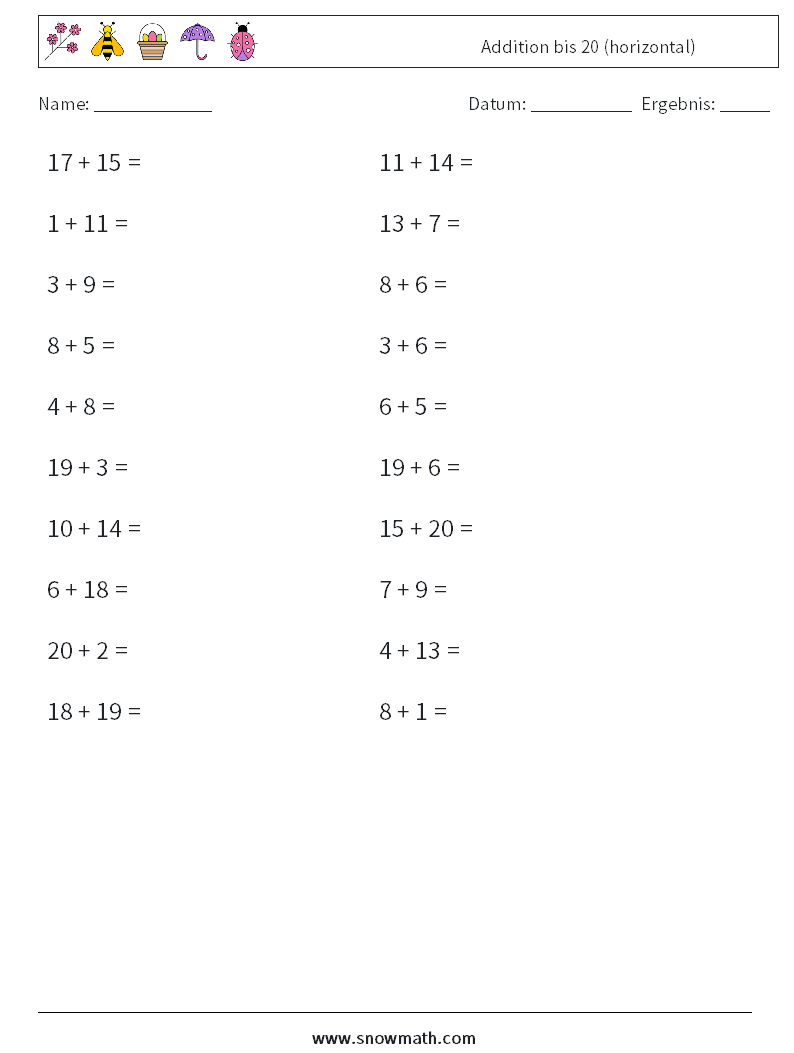 (20) Addition bis 20 (horizontal) Mathe-Arbeitsblätter 4