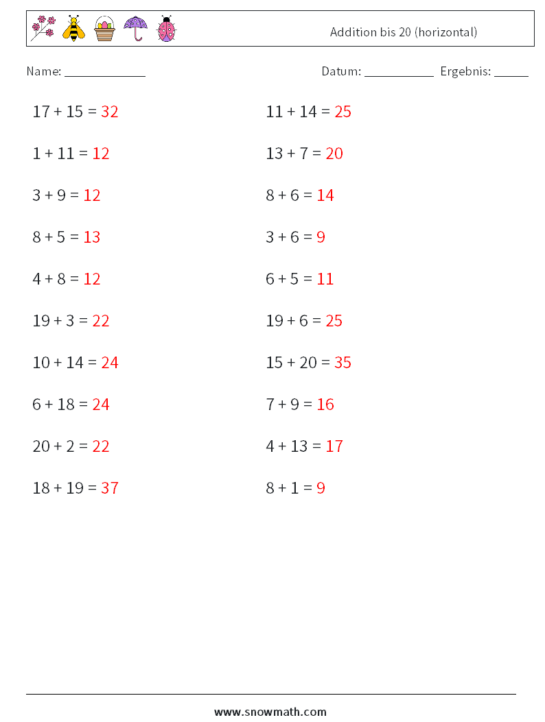 (20) Addition bis 20 (horizontal) Mathe-Arbeitsblätter 4 Frage, Antwort