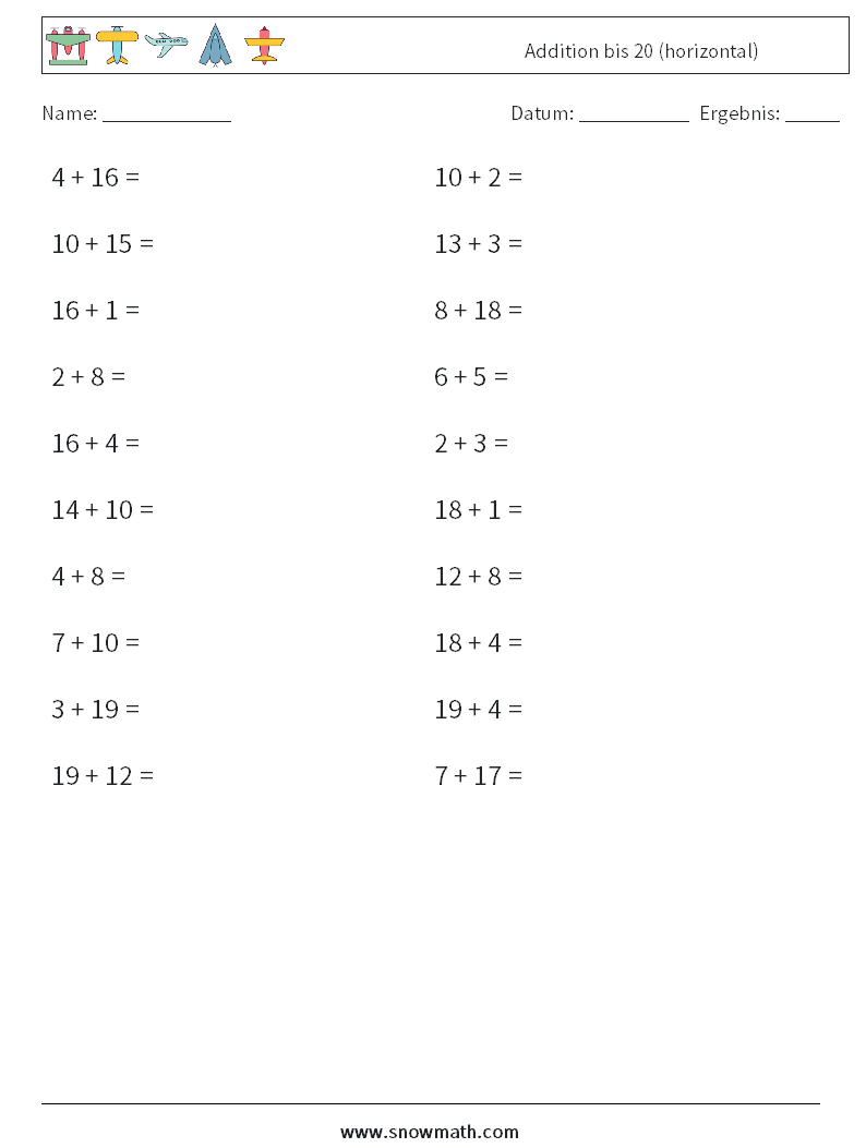 (20) Addition bis 20 (horizontal) Mathe-Arbeitsblätter 5