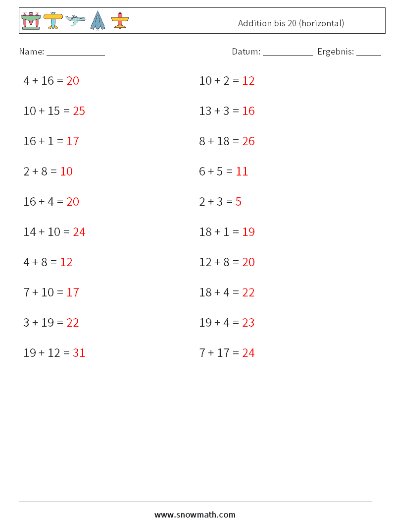 (20) Addition bis 20 (horizontal) Mathe-Arbeitsblätter 5 Frage, Antwort