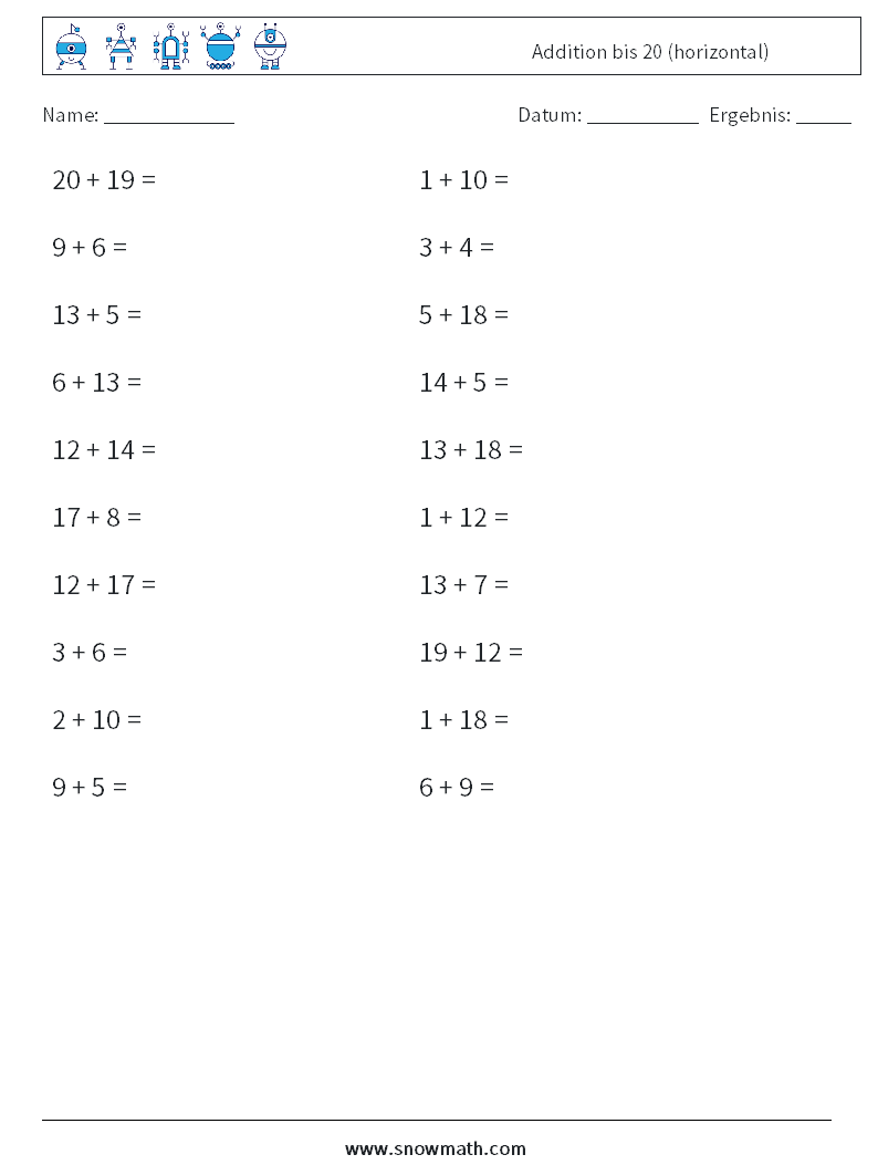 (20) Addition bis 20 (horizontal) Mathe-Arbeitsblätter 6